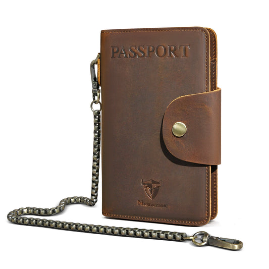 Real Genuine Leather Functional RFID Blocking Passport Holder Case Travel Bifold Snap Chain Safety Wallet For Men Male 2806