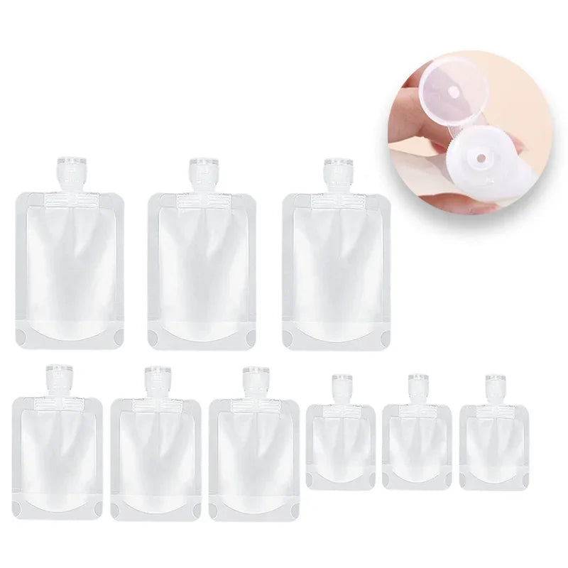 100pcs Travel Size Squeeze Empty Stand Up Bags Cosmetic Containers for Toiletries Bulk 30ml/50ml/100ml for Liquid Lotion Shampoo